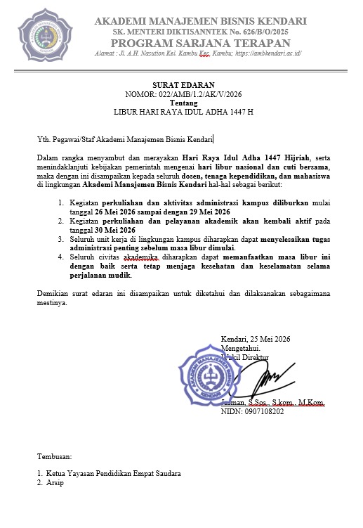 SURAT EDARAN LIBUR LEBARAN IDUL ADHA 1447H (26-29 Mei 2026). Dan UTS akan di laksanakan 30 & 31 Mei 2026.