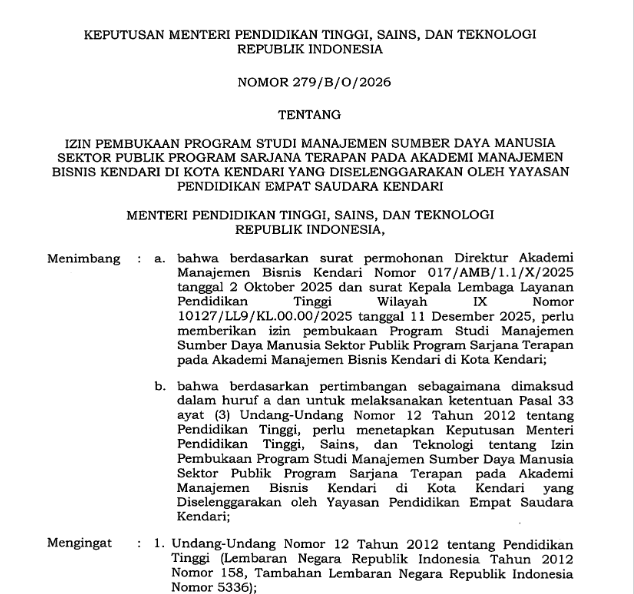 SK pembukaan program studi sarjana terapan manajemen SDM sektor publik