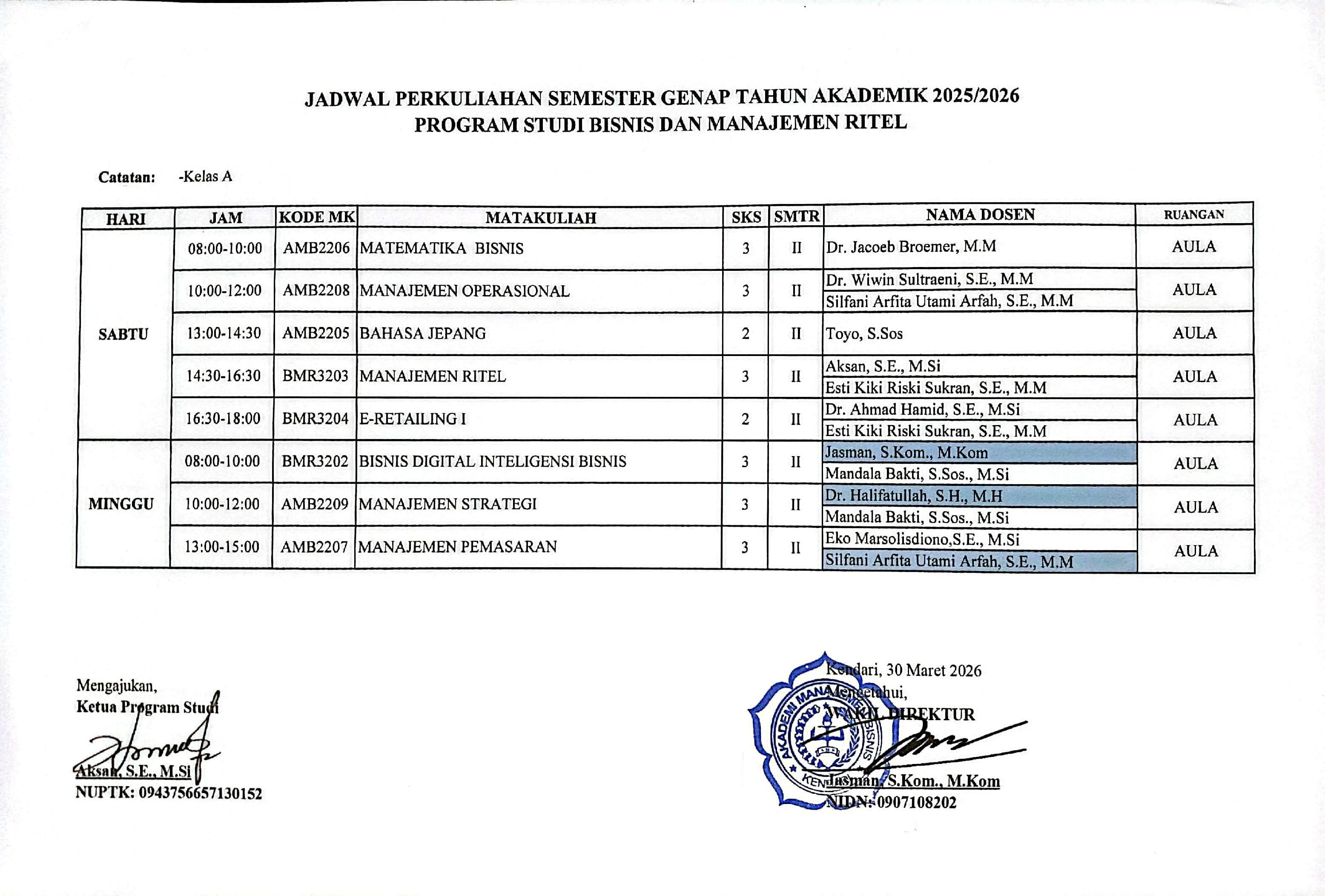 Jadwal perkuliahan 2025/2026 Genap