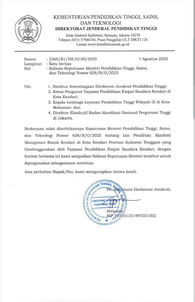 SK IZIN PENDIRIAN AKADEMI MANAJEMEN BISNIS KENDARI